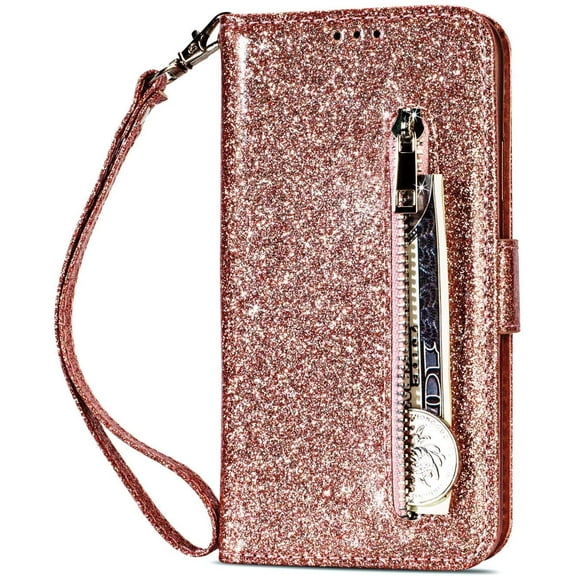 case for Samsung Galaxy A32 5G (Not 4G) Wallet Case, Girly Glitter Sparkly Bling Leather Case Zipper Pocket with ID Card Holder Slot Shockproof Magnetic Cover for Samsung Galaxy A32 5G SFLL Rose Gold