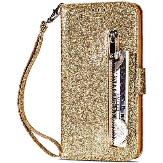 case for Samsung Galaxy A32 5G (Not 4G) Wallet Case, Girly Glitter Sparkly Bling Leather Case Zipper Pocket with ID Card Holder Slot Shockproof Magnetic Cover for Samsung Galaxy A32 5G SFLL Golden