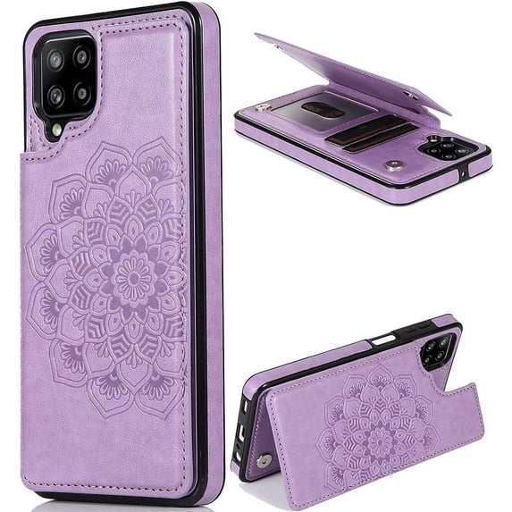 case for Samsung Galaxy A42 Case Wallet with Card Holder, Embossed Mandala Pattern Flower Premium PU Leather Double Magnetic Buttons Flip Shockproof Protective Cover for Samsung Galaxy A42 Purple-SKM
