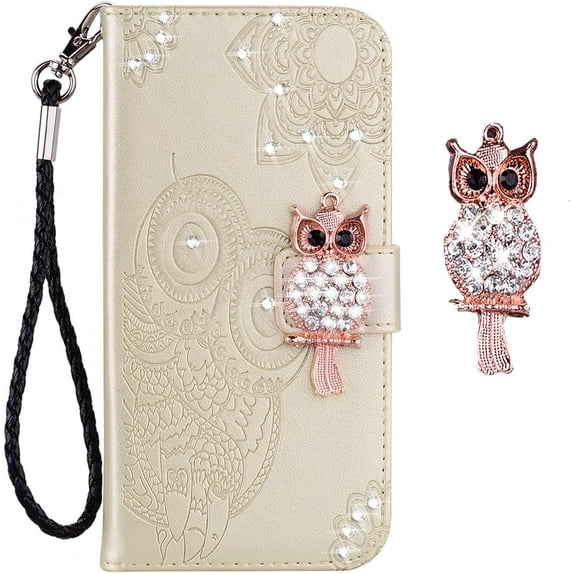 case for Samsung Galaxy A52 Case for Women, Glitter Bling Diamond PU Leather Wallet Phone Case with Wsrist String Full Body Protective Flip Cover for Samsung Galaxy A52 Owl Gold