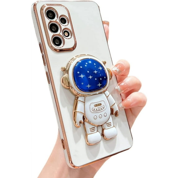 case for Samsung Galaxy A53 5G Case, Cute Starry Sky Plated 3D Astronaut Hidden Kickstand Holder Galaxy A53 5G Case for Women Girls Soft TPU Full Lens Cover Protection Shockproof Alien Case (White)