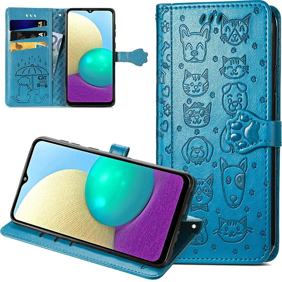 case for Samsung Galaxy A72 5G Cartoon Girl Wallet Case,Cat Dog Style Flip Phone Cover with Card Holder Wrist Strap & Screen Protector Kickstand PU Leather Cases for Samsung Galaxy A72 4G MG Blue