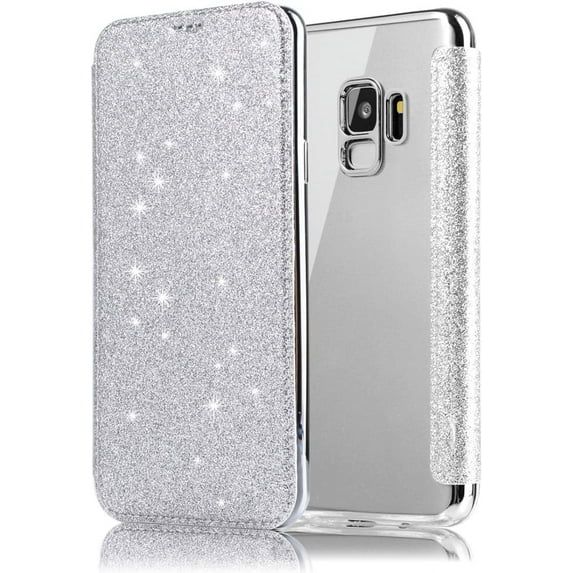 case for Samsung Galaxy Note 20 10 9 8 Ultra Pro Phone Case, Sparkly Comcase fortable PU Top Cover + Soft Clear TPU Back Cover with Card Holder, Full Wrap-Around Bumper(Silver,Note 9)