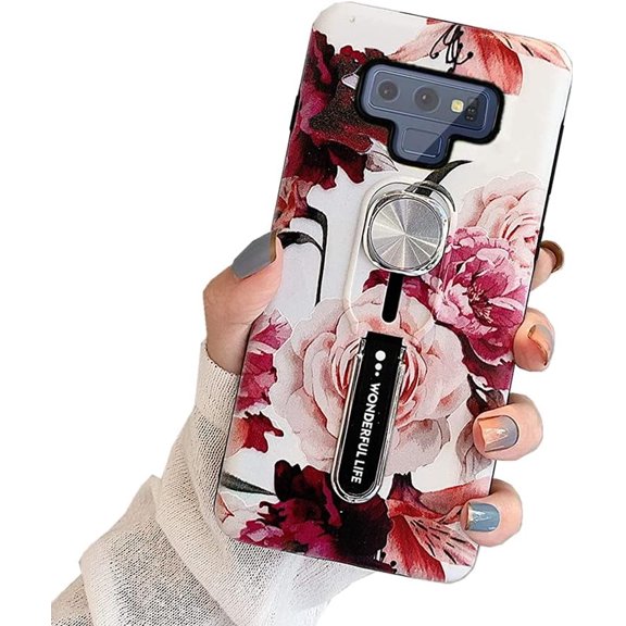 case for Samsung Galaxy Note 9 Case for Women, Flowers Print Finger Grip Design Rugged Shockproof Slim Soft TPU + Matte PC Dual Layer Ring Strap Cover for Galaxy Note 9 (Peony)