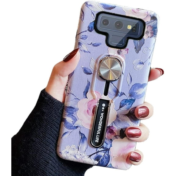case for Samsung Galaxy Note 9 Case for Women, Flowers Print Finger Grip Design Rugged Shockproof Slim Soft TPU + Matte PC Dual Layer Ring Strap Cover for Galaxy Note 9 (Pink Flower)