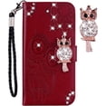 thumbnail image 1 of case for Samsung Galaxy S21 Case for Women, Glitter Bling Diamond PU Leather Wallet Phone Case with Wsrist String Full Body Protective Flip Cover for Samsung Galaxy S21 Owl Red, 1 of 7