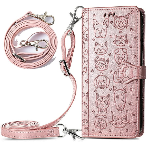 case for Samsung Galaxy S21 FE (Not S21) Crossbody Cell Phone Wallet Case,Cute Cat Dog Cartoon Style Flip with Removable Lanyard Strap with Card Holde Cover for Samsung Galaxy S21 FE MGG Rose Gold