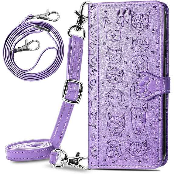 case for Samsung Galaxy S21 FE (Not S21) Crossbody Cell Phone Wallet Case,Cute Cat Dog Cartoon Style Flip with Removable Lanyard Strap with Card Holde Cover for Samsung Galaxy S21 FE MGG Purple