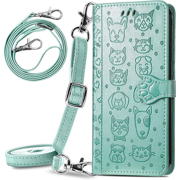 case for Samsung Galaxy S21 FE (Not S21) Crossbody Cell Phone Wallet Case,Cute Cat Dog Cartoon Style Flip with Removable Lanyard Strap with Card Holde Cover for Samsung Galaxy S21 FE MGG Green