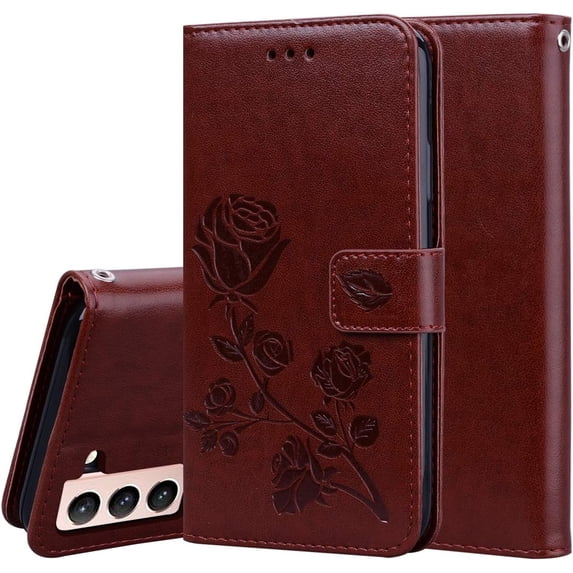 case for Samsung Galaxy S21 FE Rose Flower Wallet Case, PU Leather Flip Phone Case w/Card Holder ID Credit Cards Slot Cash Pockets Detachable Wristband Cover for Samsung Galaxy S21 FE RS Brown