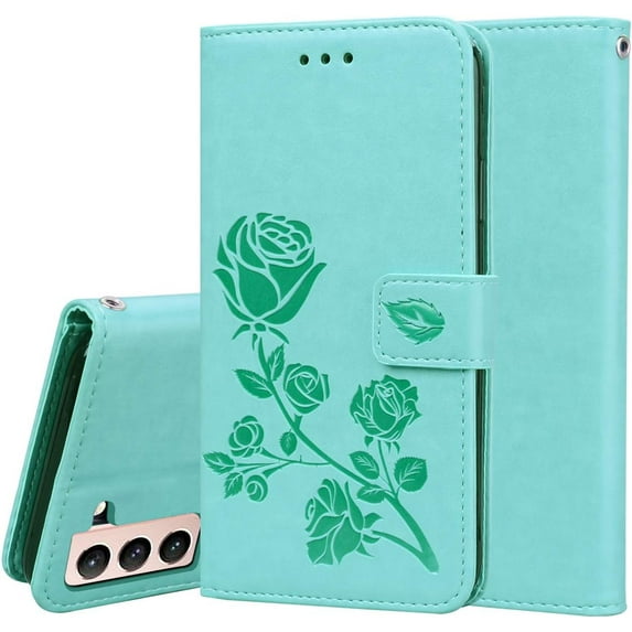 case for Samsung Galaxy S21 FE Rose Flower Wallet Case, PU Leather Flip Phone Case w/Card Holder ID Credit Cards Slot Cash Pockets Detachable Wristband Cover for Samsung Galaxy S21 FE RS Green