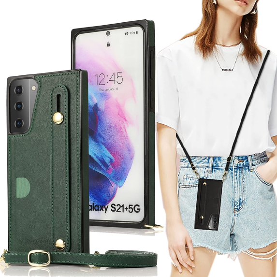 case for Samsung Galaxy S21 Plus Wallet Case, Removable Adjustable Leather Strap Crossbody Card Holders Case Neck Strap Lanyard Purse Shoulder Strap Purse Case for Samsung Galaxy S21 Plus 5G KB Green