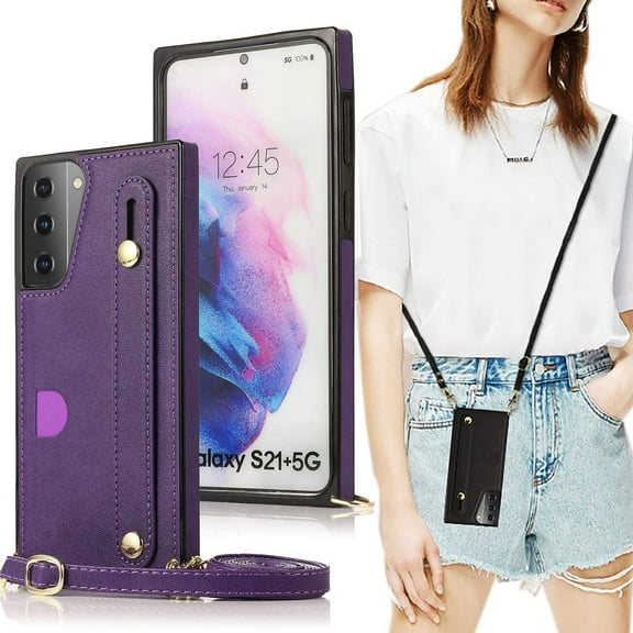 case for Samsung Galaxy S21 Plus Wallet Case, Removable Adjustable Leather Strap Crossbody Card Holders Case Neck Strap Lanyard Purse Shoulder Strap Purse Case for Samsung Galaxy S21 Plus 5G KB Purple