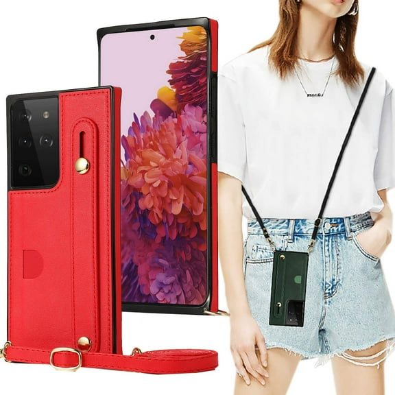 case for Samsung Galaxy S21 Ultra Wallet Case, Removable Adjustable Leather Strap Crossbody Card Holders Case Neck Strap Lanyard Purse Shoulder Strap Purse Case for Samsung Galaxy S21 Ultra 5G KB Red