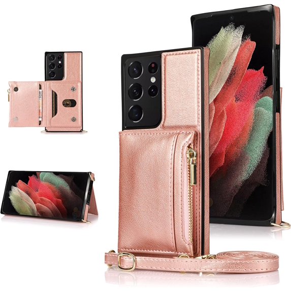 case for Samsung Galaxy S21 Ultra Women Wallet Case,Adjustable Crossbody Zipper Cover with Card Holder Slot Neck Strap Lanyard Purse Shoulder Strap Purse Case for Samsung Galaxy S21 Ultra FK Rose Gold