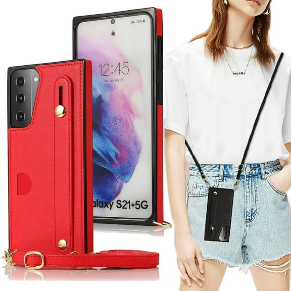 case for Samsung Galaxy S21 Wallet Case, Removable Adjustable Leather Strap Crossbody Card Holders Case Neck Strap Lanyard Purse Shoulder Strap w/Kickstand Purse Case for Samsung Galaxy S21 5G KB Red