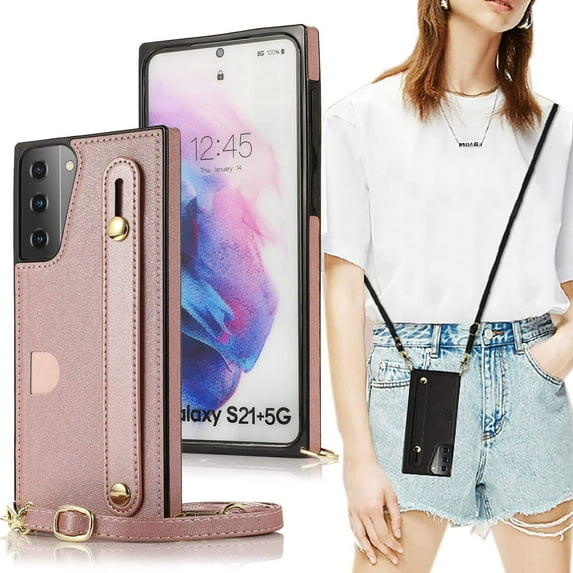 case for Samsung Galaxy S21 Wallet Case, Removable Adjustable Leather Strap Crossbody Card Holders Case Neck Strap Lanyard Purse Shoulder Strap w/Kickstand Purse Case for Samsung Galaxy S21 5G KB Rose