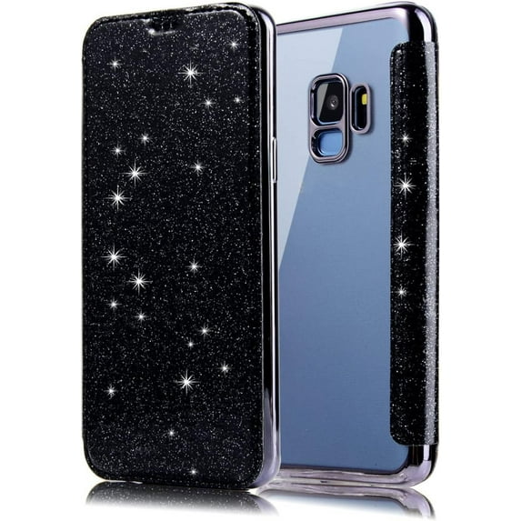case for Samsung Galaxy S22 S21 S20 S10 S9 S8 Ultra Plus Phone Case, Sparkly Comcase fortable PU Top Cover + Soft Clear TPU Back Cover with Card Holder, Full Wrap-Around Bumper(Black,S20)