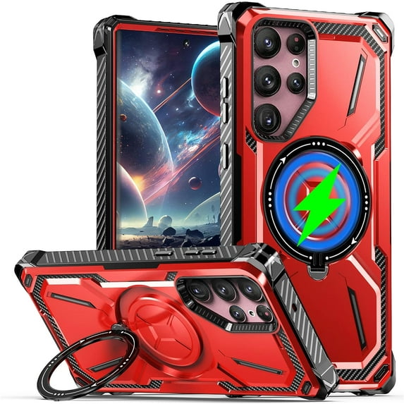 case for Samsung Galaxy S22 Ultra Case Compatible for Magsafe, Ultimate Protection Armor with Ring Holder Fit for Magsafe Wireless Charger Phone Case for Samsung Galaxy S22 Ultra HJJ Red