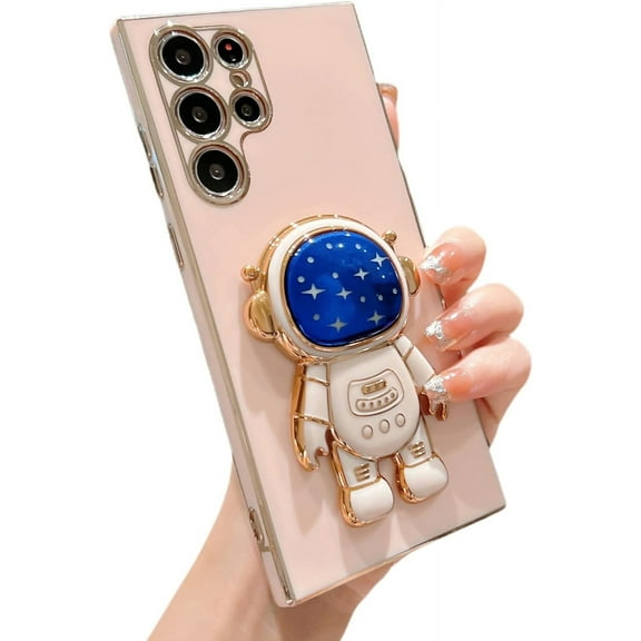 case for Samsung Galaxy S22 Ultra Case, Cute Starry Sky Plated 3D Astronaut Hidden Kickstand Holder S22 Ultra Case for Women Girls Soft TPU Full Camera Lens Protection Shockproof Alien Case (Pink)