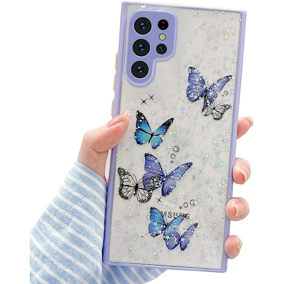 case for Samsung Galaxy S22 Ultra Case for Women Cute Dainty Glitter Butterfly S22 Ultra Case for Girls Clear Soft TPU Camera Lens Protection Shockproof Protective Transparent Bumper 6.8 Inch (Purple)