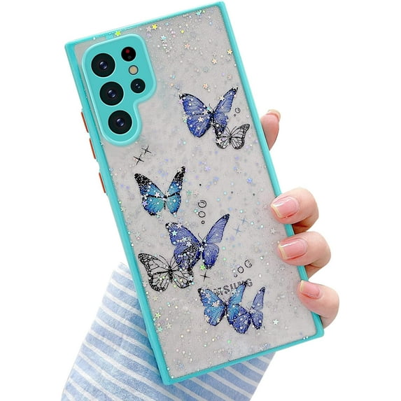 case for Samsung Galaxy S22 Ultra Case for Women Cute Dainty Glitter Butterfly S22 Ultra Case for Girls Clear Soft TPU Camera Lens Protection Shockproof Protective Transparent Bumper 6.8 Inch (Blue)