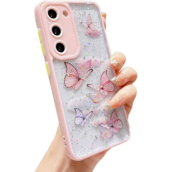 case for Samsung Galaxy S23 Case, Samsung S23 Cases Cute for Women Galaxy S23 Glitter Case with Butterfly Soft TPU Clear Sparkle Shockproof Lens Protection S23 Phone Cover for Girls 6.1” (Pink)