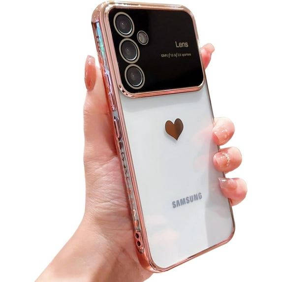 case for Samsung Galaxy S23 FE Case for Women Girls with Camera Lens Protector Dainty Cute Electroplated Samsung S23 FE Case Heart Soft Slim Fit Shockproof Clear Transparent Back Cover 6.4" (Pink)