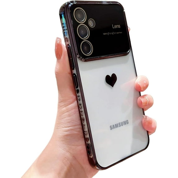 case for Samsung Galaxy S23 FE Case for Women Girls with Camera Lens Protector Dainty Cute Electroplated Samsung S23 FE Case Heart Soft Slim Fit Shockproof Clear Transparent Back Cover 6.4" (Black)