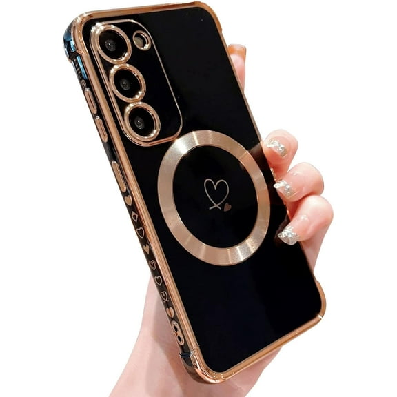 case for Samsung Galaxy S23 FE Compatible with MagSafe, Cute S23 FE Phone Case for Women Wireless Charge Shockproof Protective Full Lens Protection Soft Galaxy S23 FE Heart Case 6.4” (Black)
