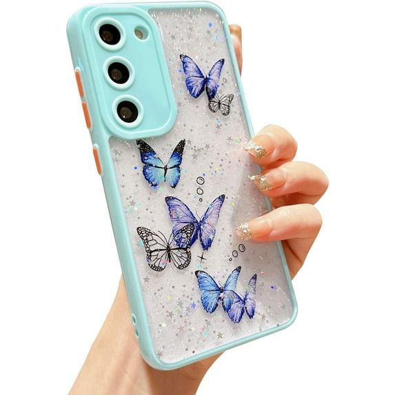case for Samsung Galaxy S23 Plus Case, S23 Plus Cases Cute for Women Galaxy S23 Plus Glitter Case with Butterfly Soft TPU Clear Sparkle Shockproof Lens Protection Samsung S23 + Girls Case 6.6” (Blue)