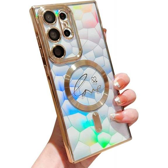 case for Samsung Galaxy S23 Ultra Case Compatible with Magsafe, Galaxy S23 Ultra Case for Women Electroplated Holographic Laser Paper Shockproof Full Lens Protective Cute S23 Ultra Heart Case (Gold)