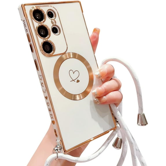 case for Samsung Galaxy S23 Ultra Case Compatible with Magsafe S23 Ultra Phone Case for Women Cute Heart Removable Adjustable Shoulder Strap Lanyard Crossbody Galaxy S23 Ultra Case 6.8” (White)