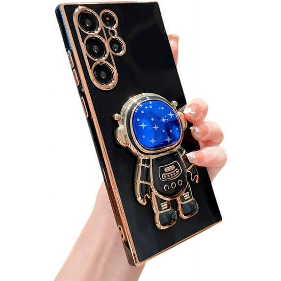 case for Samsung Galaxy S23 Ultra Case, Cute Galaxy S23 Ultra Case with 3D Astronaut Holder S23 Ultra Astronaut Case for Women Girls Soft TPU Full Lens Protection Shockproof Alien Case 6.8” (Black)