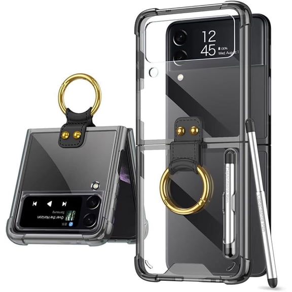 case for Samsung Galaxy Z Flip 3 Case, Galaxy Z Flip 3 Case with Ring and Capacitance Pen Protective Cover for Samsung Galaxy Z Flip 3 5G, Bright Black