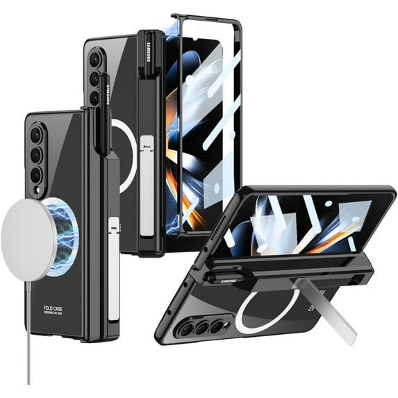 case for Samsung Galaxy Z Fold 4 Case with Hinge & Screen Protector Support Wireless Charger with Kickstand & Pen Holder Adapts to Vehicle Bracket Galaxy Z Fold4 Magnetic Case, Black