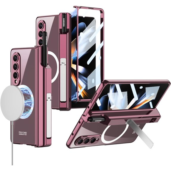 case for Samsung Galaxy Z Fold 4 Case with Hinge & Screen Protector Support Wireless Charger with Kickstand & Pen Holder Adapts to Vehicle Bracket Galaxy Z Fold4 Magnetic Case, Wine Red