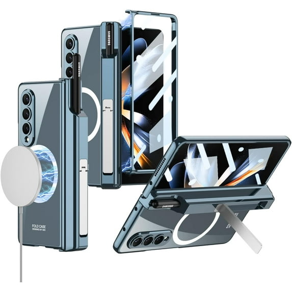 case for Samsung Galaxy Z Fold 4 Case with Hinge & Screen Protector Support Wireless Charger with Kickstand & Pen Holder Adapts to Vehicle Bracket Galaxy Z Fold4 Magnetic Case, Green