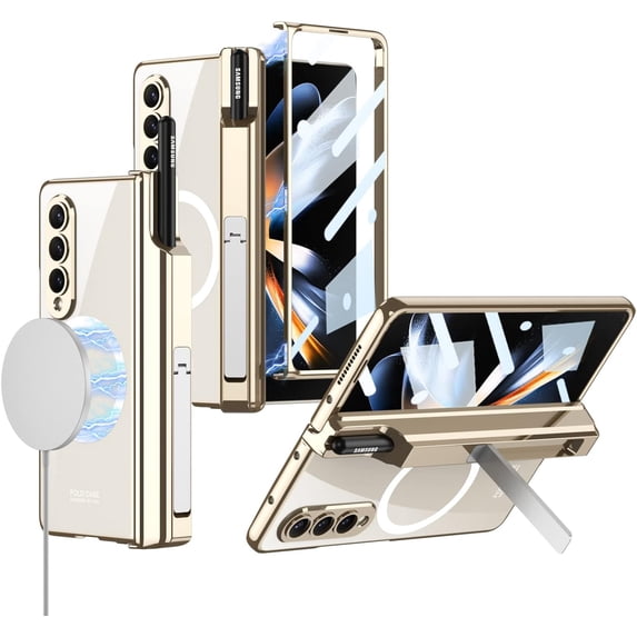 case for Samsung Galaxy Z Fold 4 Case with Hinge & Screen Protector Support Wireless Charger with Kickstand & Pen Holder Adapts to Vehicle Bracket Galaxy Z Fold4 Magnetic Case, Gold