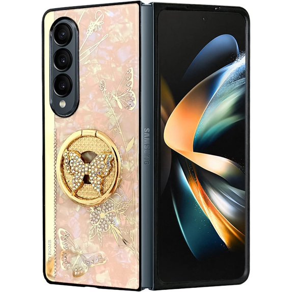 case for Samsung Galaxy Z Fold 4 Case for Women, Luxury Butterfly Mirror Design Kickstand Ring Strap Elegant Shockproof Protective Cover for Girls for Galaxy Z Fold 4 (Rose Gold)