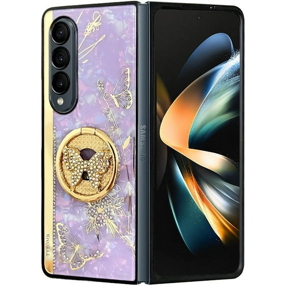 case for Samsung Galaxy Z Fold 4 Case for Women, Luxury Butterfly Mirror Design Kickstand Ring Strap Elegant Shockproof Protective Cover for Girls for Galaxy Z Fold 4 (Purple)