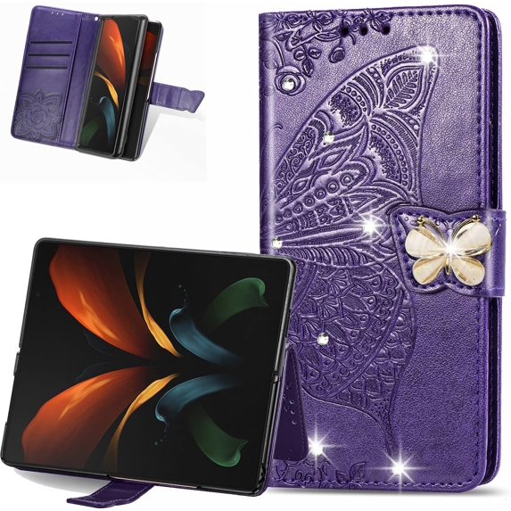 case for Samsung Galaxy Z Fold3 5G Wallet Case,3D Butterfly Embossing Slim Flip PU Leather with Magnetic Closure Credit Card Slots Holder Phone Cover for Samsung Galaxy Z Fold 3 Rhinestone Deep Purple