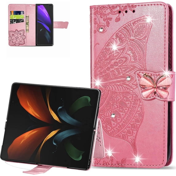case for Samsung Galaxy Z Fold3 5G Wallet Case,Kawaii 3D Butterfly Embossing Slim Flip PU Leather with Magnetic Closure Credit Card Slots Holder Phone Cover for Samsung Galaxy Z Fold 3 Rhinestone Pink