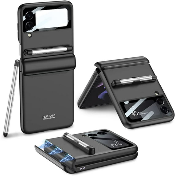case for Samsung Z Flip 3 Case with Hinge Protection, Galaxy Z Flip 3 Case Comes with A Capacitance Pen, Flip 3 Case with A Small Screen Protective Film for Samsung Galaxy Z Flip 3 5G, Black