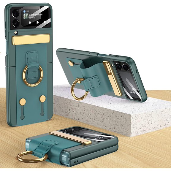 case for Samsung Z Flip 4 Case Hinge Protection Ring, Galaxy Z Flip 4 Case with Strap, Galaxy Z Flip4 Case with Hinge Protection and Ring for Samsung Galaxy Z Flip4, Green