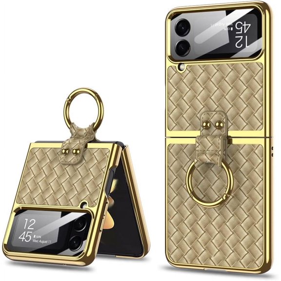 case for Samsung Z Flip 4 Case with Ring, Galaxy Z Flip 4 Case with Ring, Weave Fabric Business Style Protective Case Designed Samsung Galaxy Z Flip 4 Case, Champagne Color