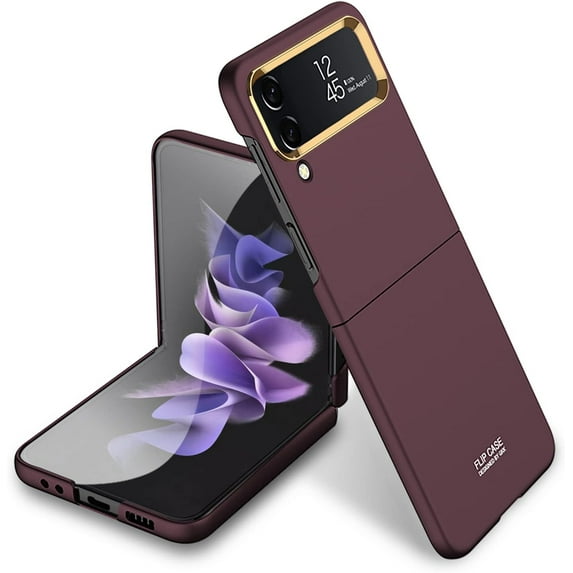 case for Samsung Z Flip 4 Case, Ultra-Thin Folding Shell Galaxy Z Flip 4 Case Electroplated Metal Lens Frame All-Inclusive Protection Case for Samsung Galaxy Z Flip 4 5G, Red Wine Color