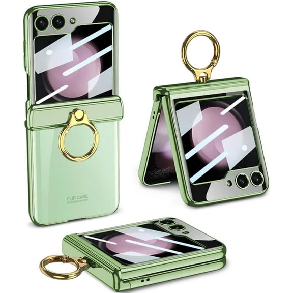 case for Samsung Z Flip 5 Case Clear with Hinge Protection & Ring Holder Small Screen Magnetic All-Inclusive Shockproof Cover for Galaxy Z Flip 5 Case Clear, Matcha Green