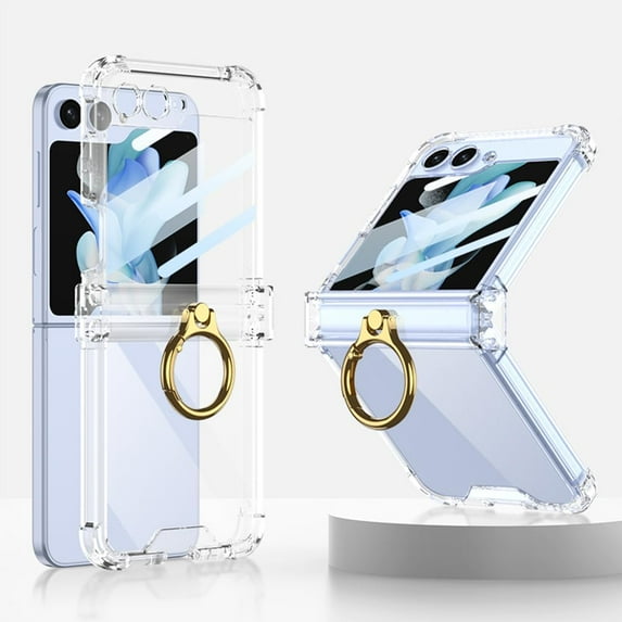 case for Samsung Z Flip 5 Case with Hinge Protection, Galaxy Z Flip 5 Clear Airbag Case with Ring Stand Built-in Screen Protector Protective Cover for Samsung Galaxy Z Flip 5, Crystal