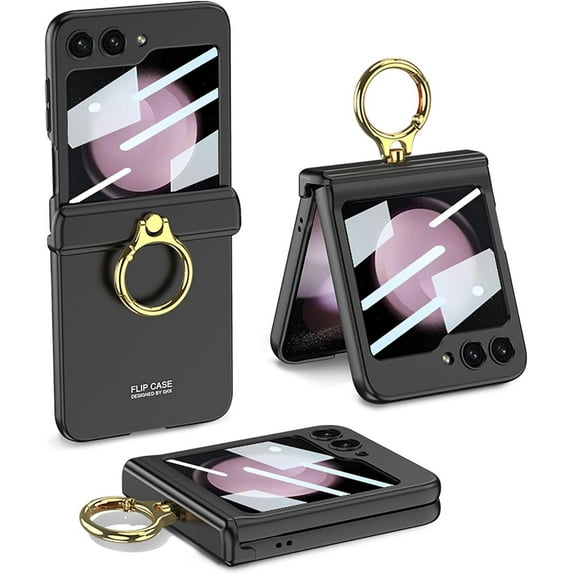 case for Samsung Z Flip 5 Case with Hinge Protection & Ring Holder Small Screen Magnetic All-Inclusive Shockproof Cover for Galaxy Z Flip 5 Case, Black